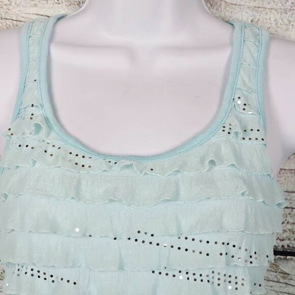 Free Kisses Aqua Blue Ruffle Sequin Tank Top Size S Made in USA - Picture 2 of 7